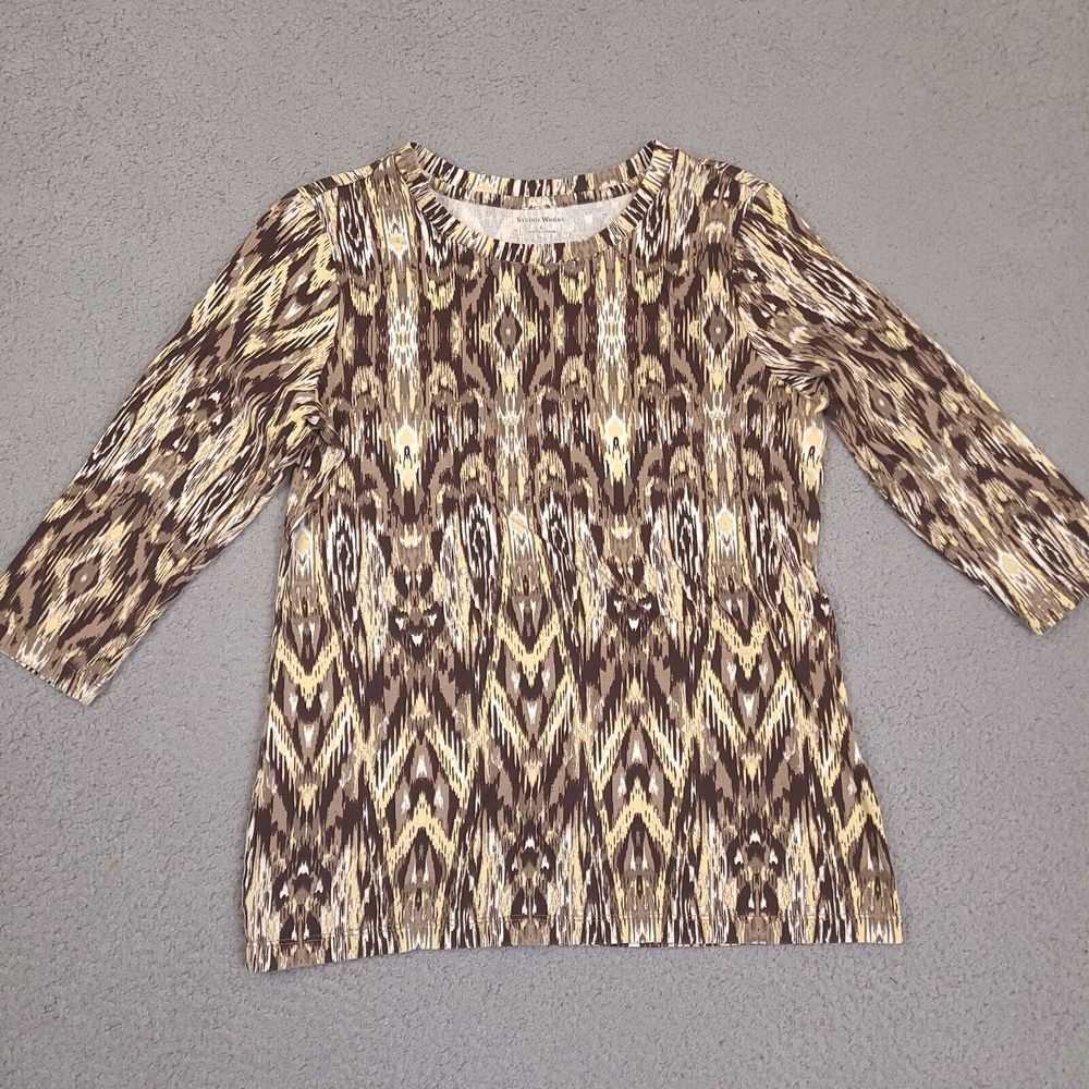 Studio Works T Shirt Womens Small Brown 3/4 Sleeve Abstract Cotton